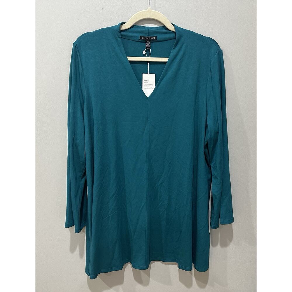 NEW Eileen‎ Fisher Viscose Jersey Green Teal Tunic Top V Neck Women’s X-Large